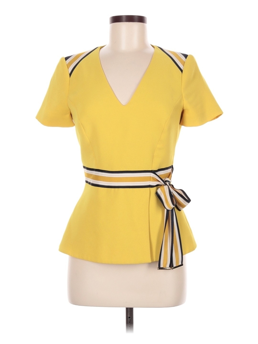 Karen Millen Yellow V-Neck Peplum Top with Striped Tie Waist